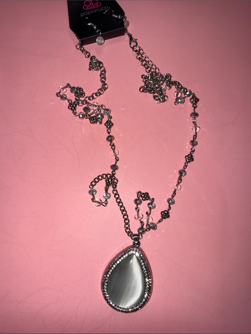 paparazzi Silver Teardrop Mirror Pendant Necklace with Pink Bead Accents